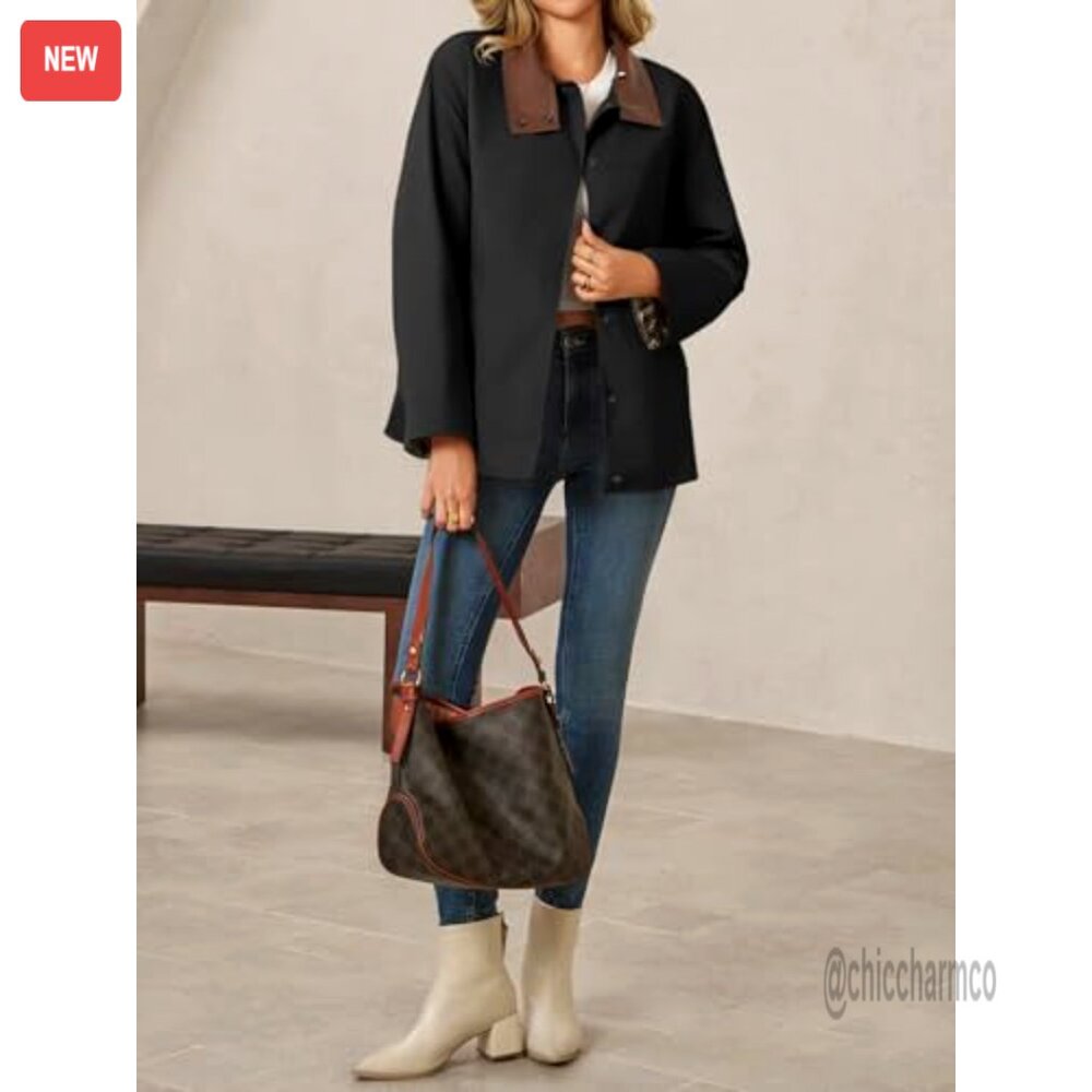Oversized Trench Coat with Leather Collar Plaid Cuffs Windproof Fall Jacket - Picture 5 of 6